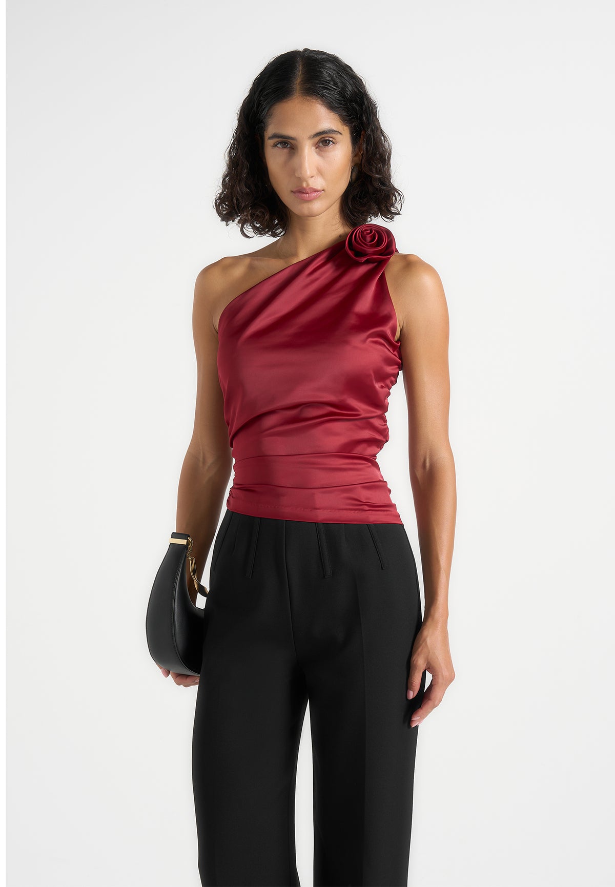 Heidi - One Shoulder Satin Rosette Top - Red