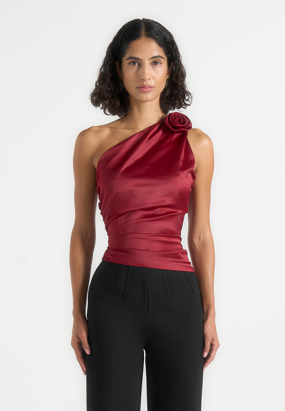 Heidi - One Shoulder Satin Rosette Top - Red