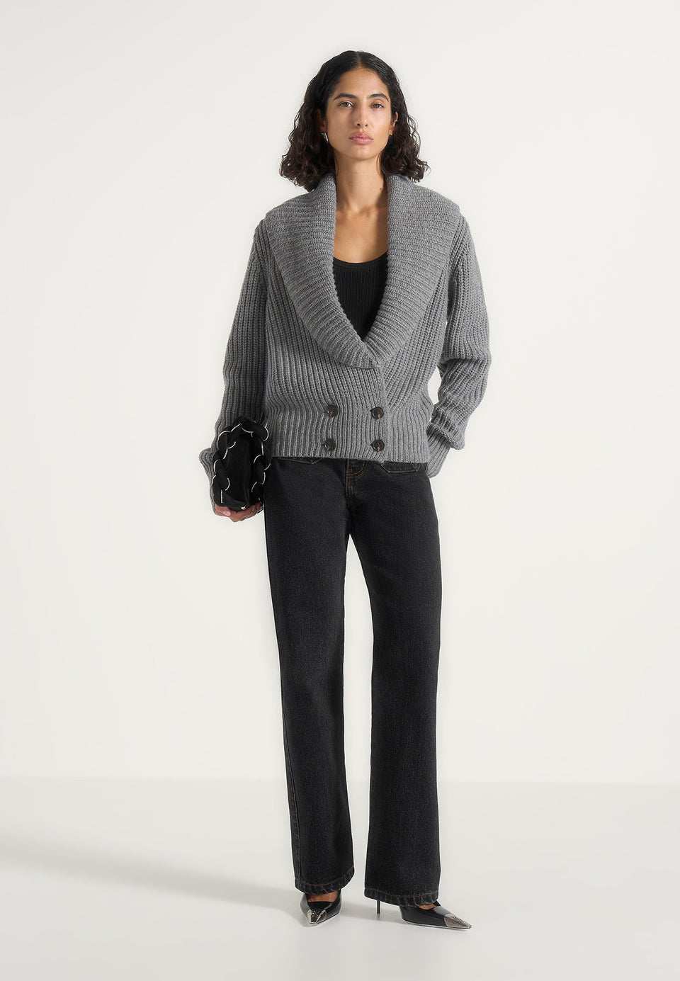 Makayla - Shawl Collar Rib Knit Cardigan - Grey