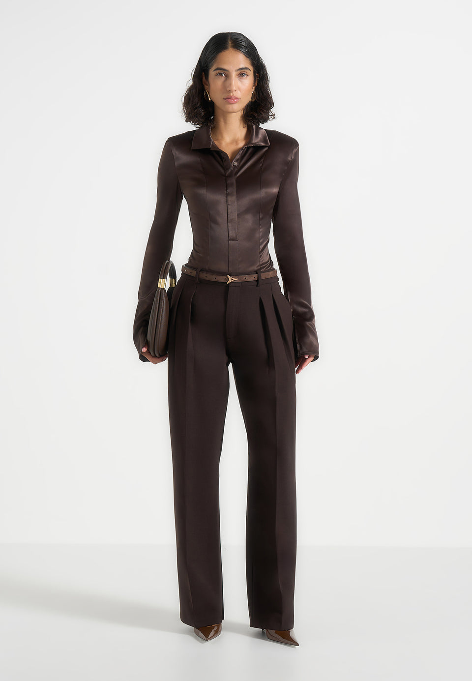 Julie - Tailored Twin Pleat Pants - Brown