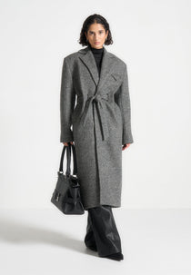 Jena - Wide Shoulder Wool Coat with Cinch Belt - Grey