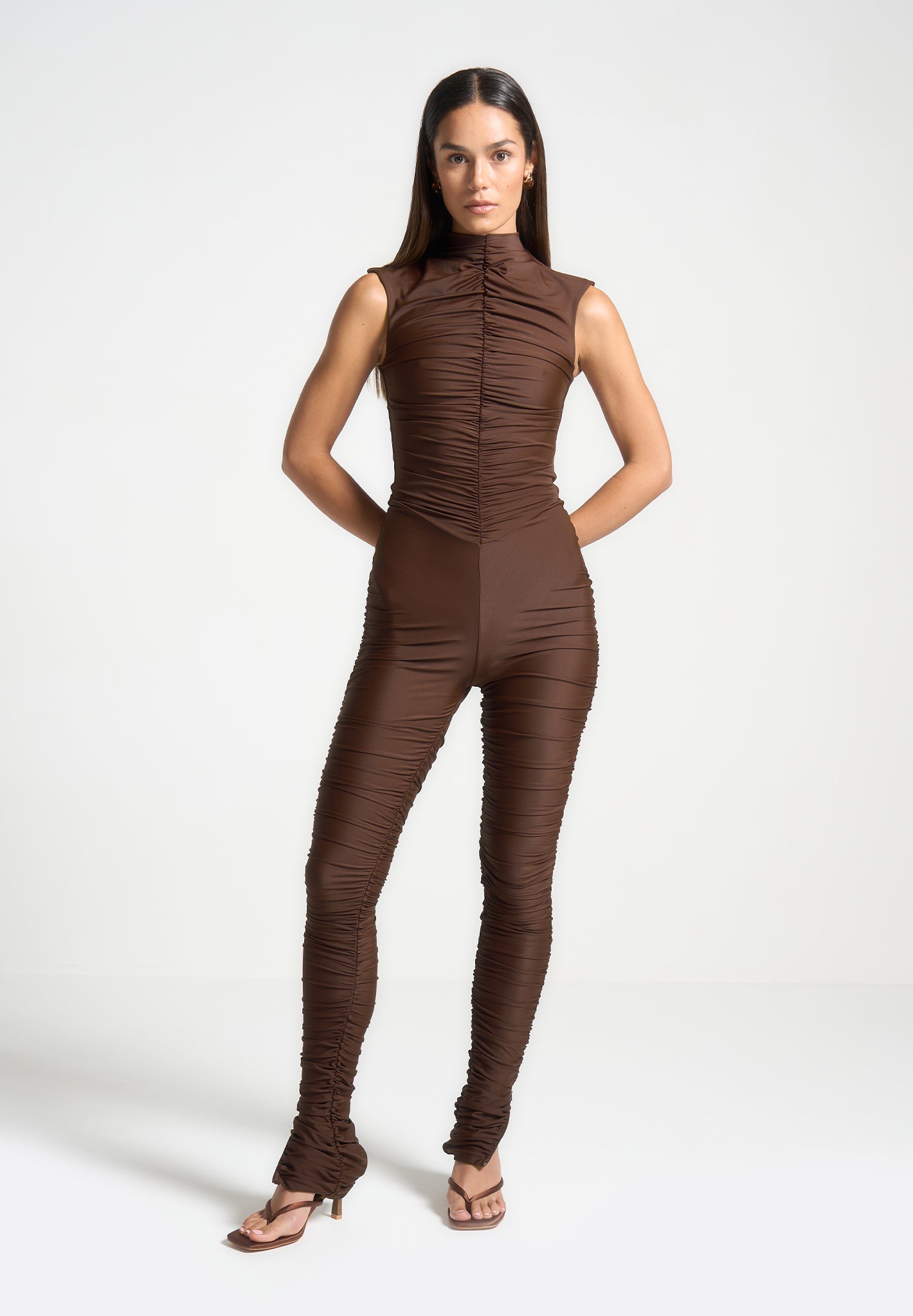 cap-sleeve-ruched-jumpsuit-brown 