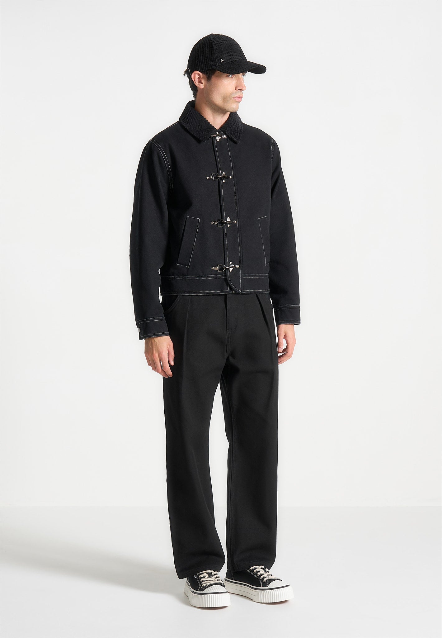 clasp-detail-contrast-stitch-gabardine-jacket-black 