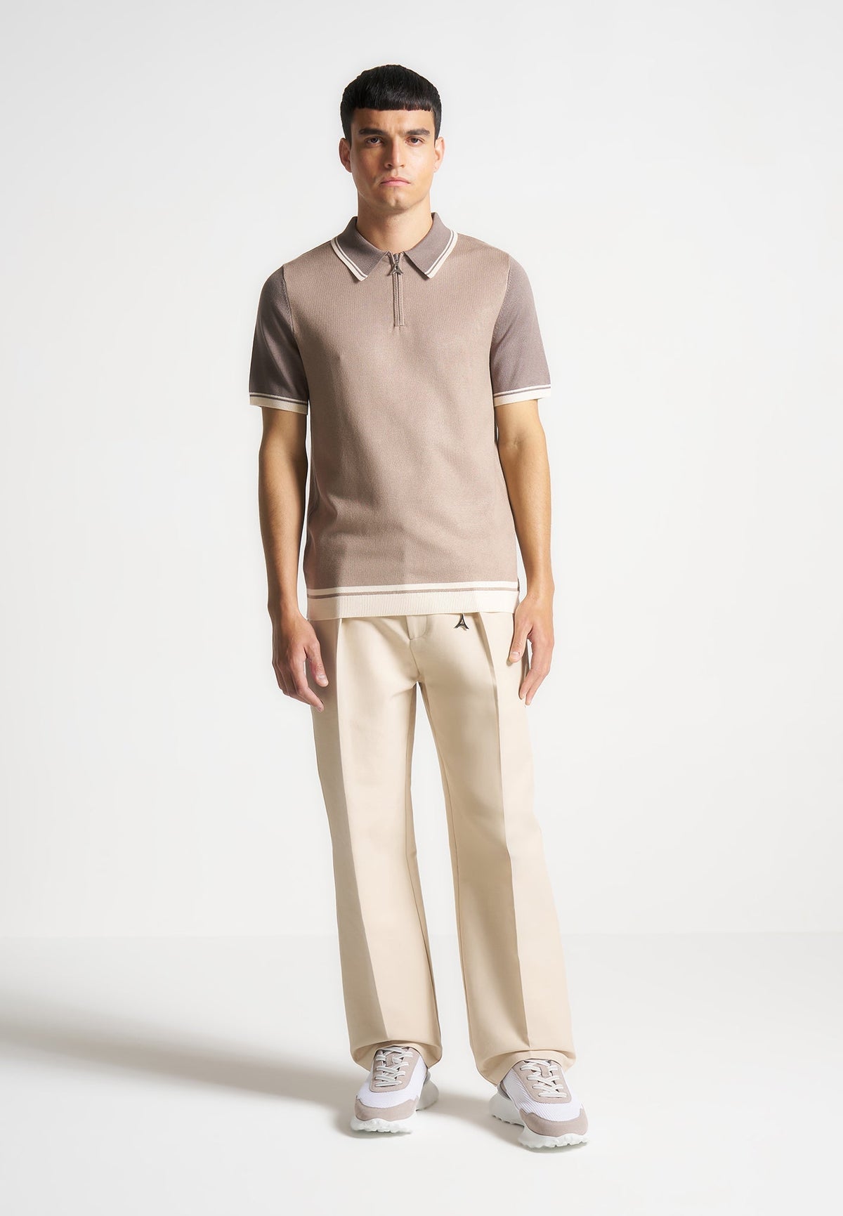 Cole - Colour Block Zip Polo Shirt - Taupe