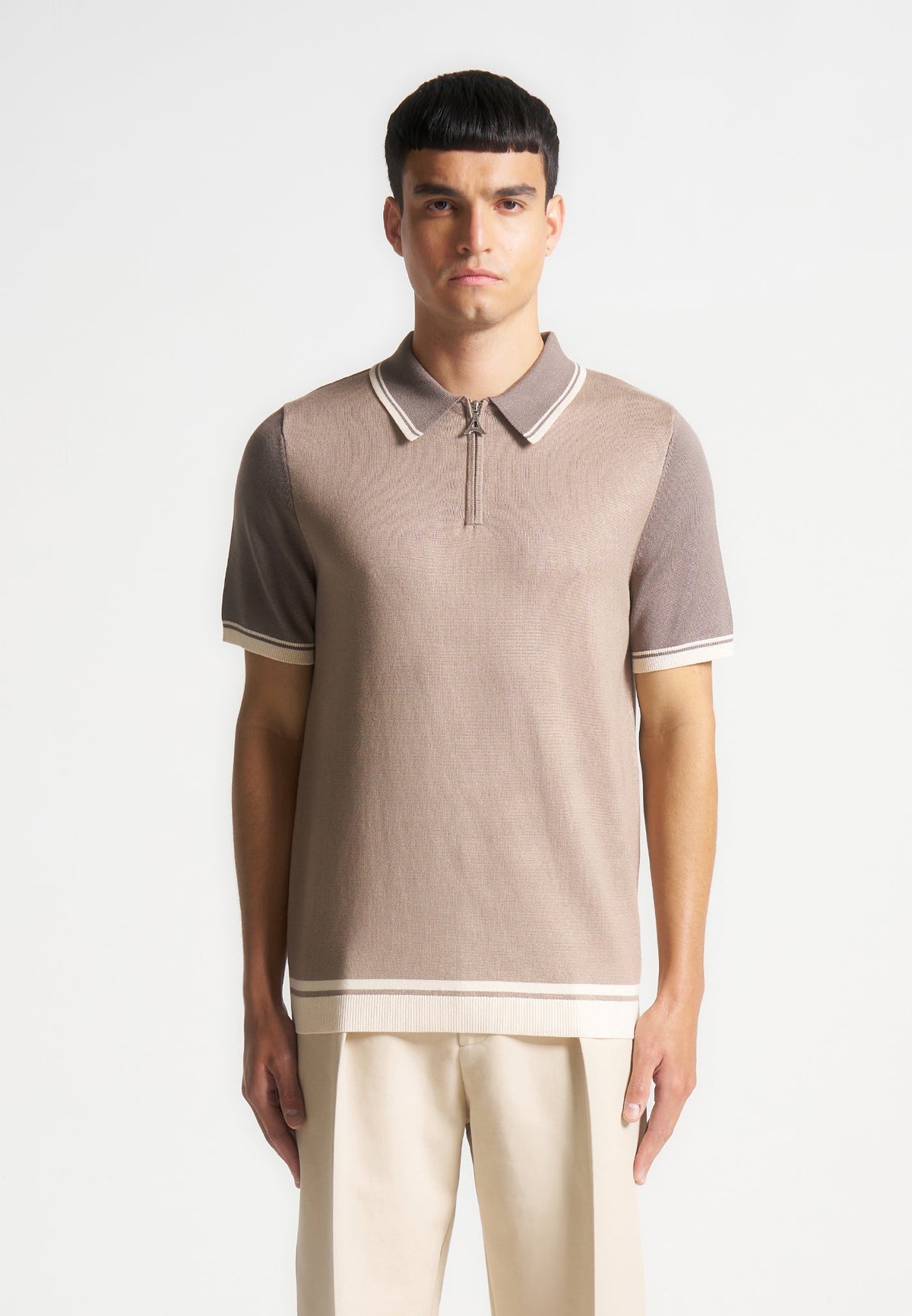 Cole - Colour Block Zip Polo Shirt - Taupe