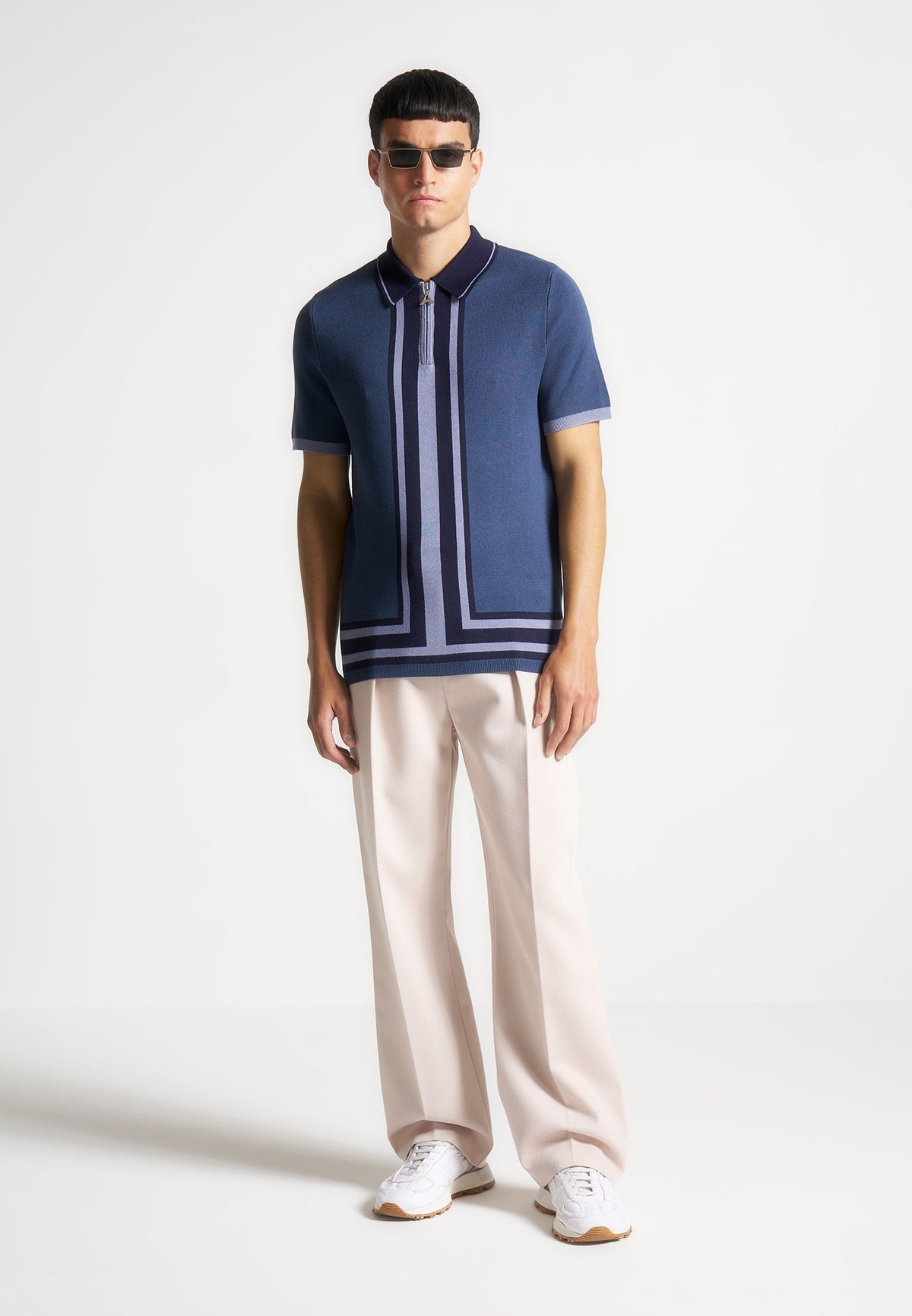 Daniel - Contrast Border Knit Zip Polo Shirt - Blue