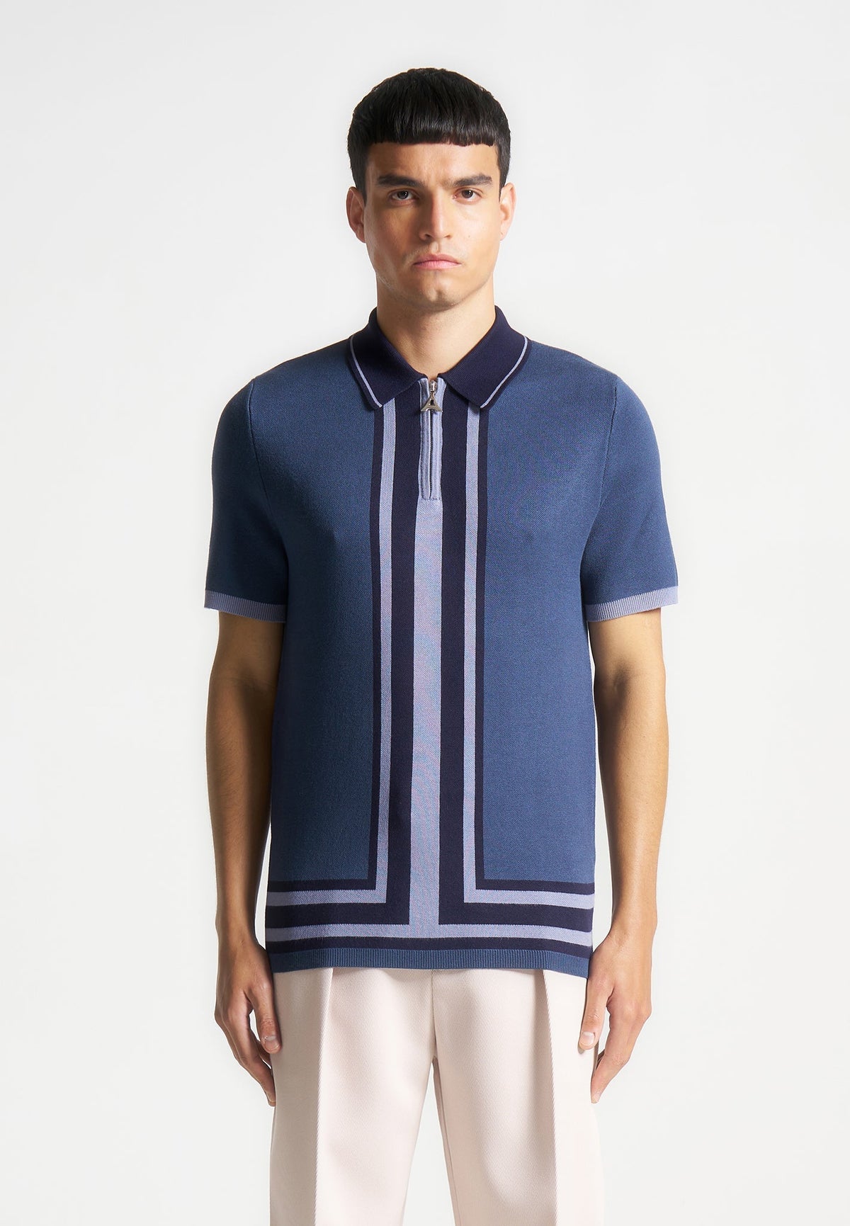Daniel - Contrast Border Knit Zip Polo Shirt - Blue