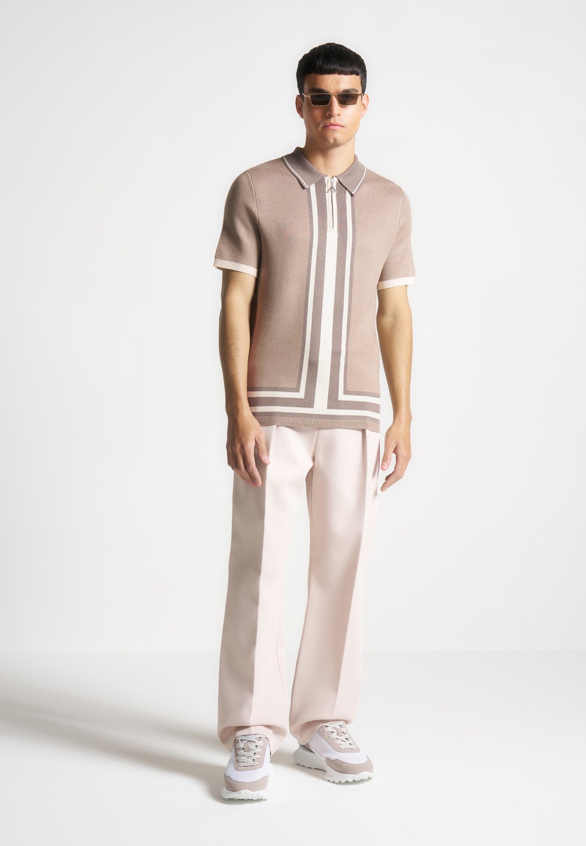 Daniel - Contrast Border Knit Zip Polo Shirt - Taupe