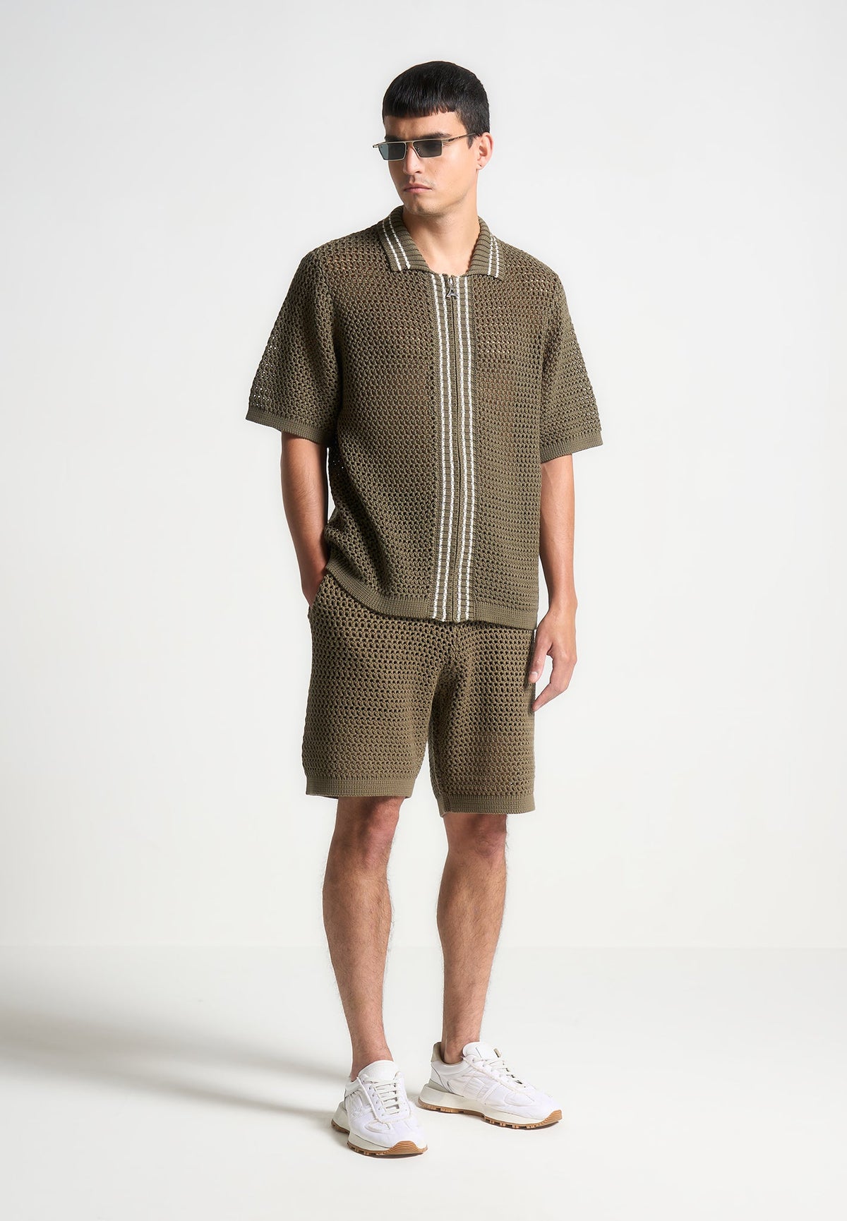 Crochet Knit Stripe Shorts - Khaki