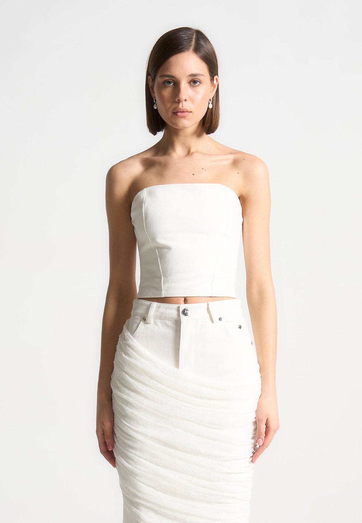 Denim Bandeau Corset Top - White