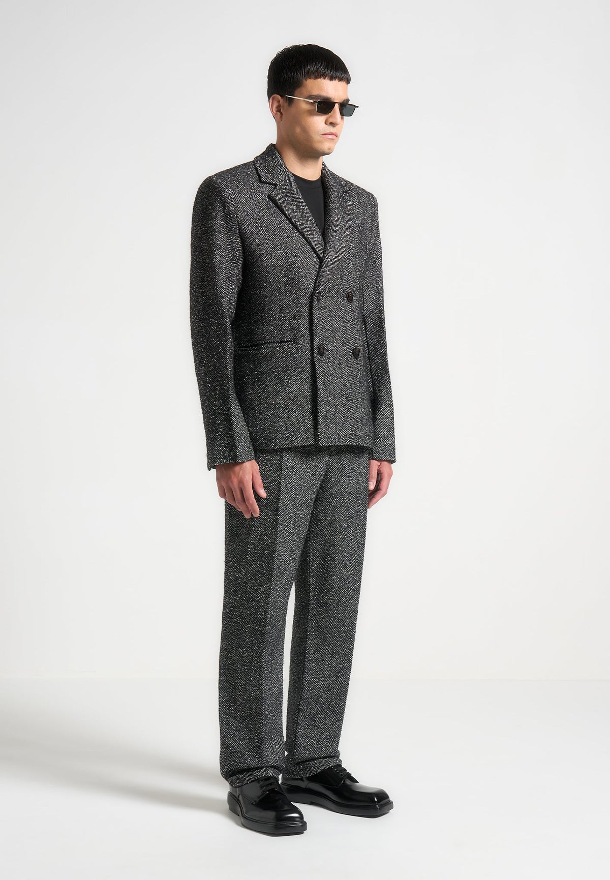 Didier - Double Breasted Herringbone Wool Blend Suit Blazer - Black