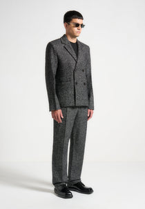 Didier - Double Breasted Herringbone Wool Blend Suit Blazer - Black