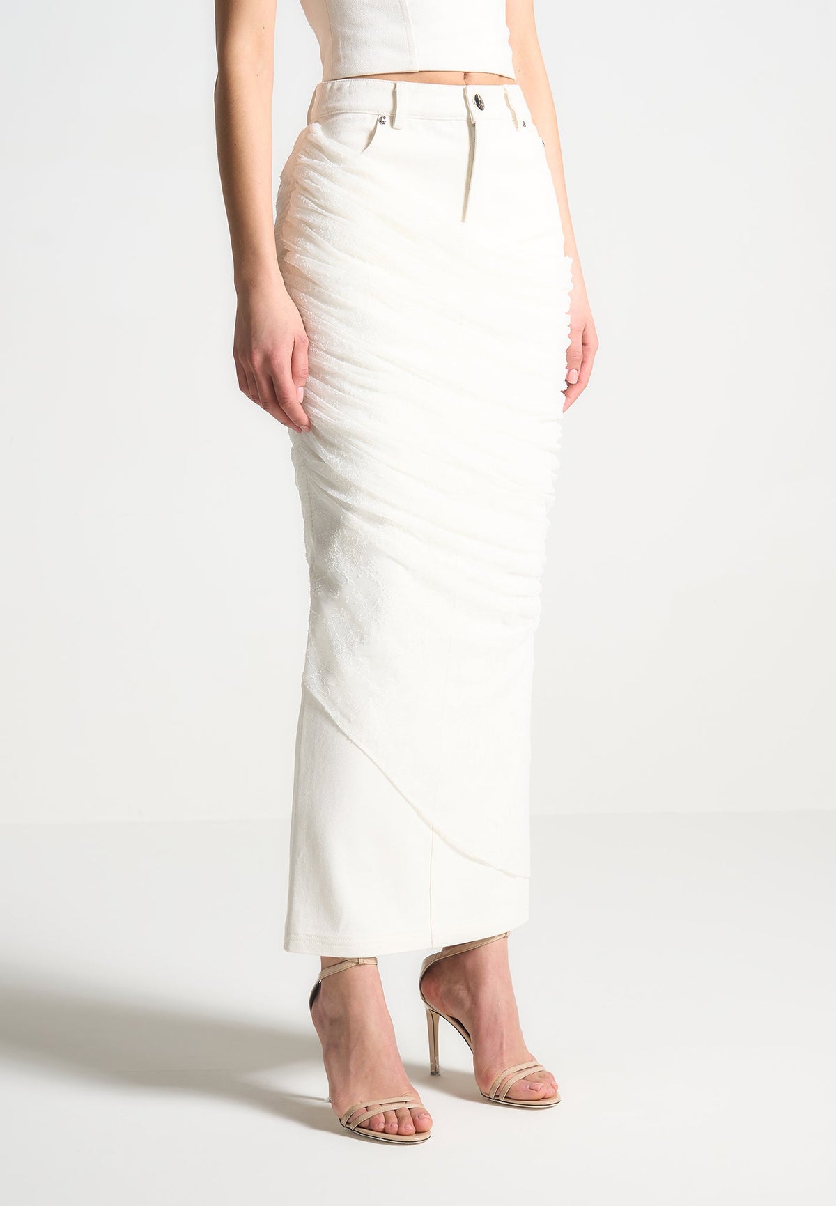 Draped Mesh Denim Maxi Skirt - White