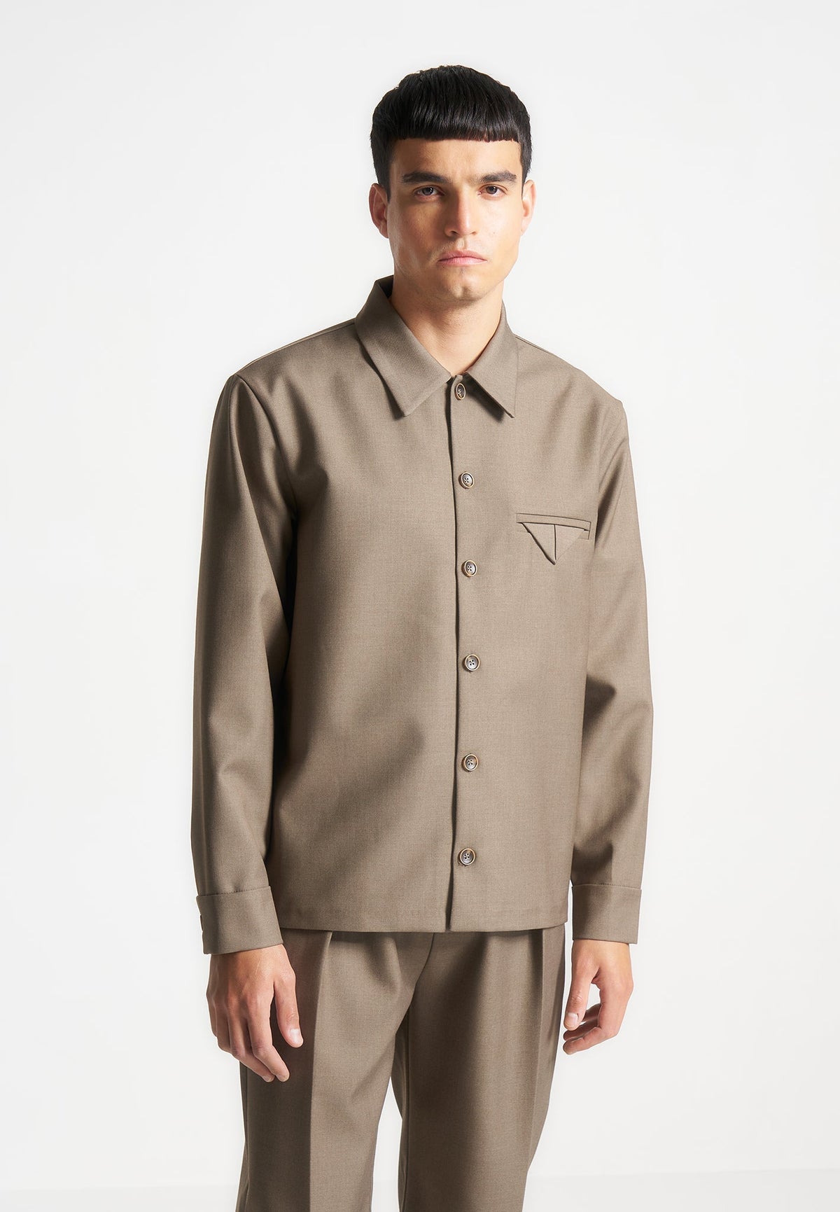 Leo - Hatched Tailored Long Sleeve Overshirt - Khaki