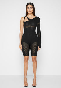 Knitted Contour One Sleeve Playsuit - Black