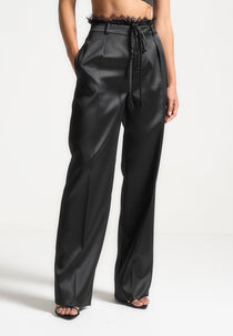 Lace Waistband Satin Pants - Black