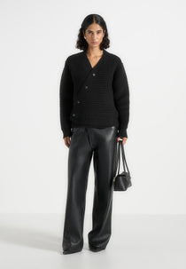 Dani - Asymmetric Brushed Rib Knit Cardigan - Black