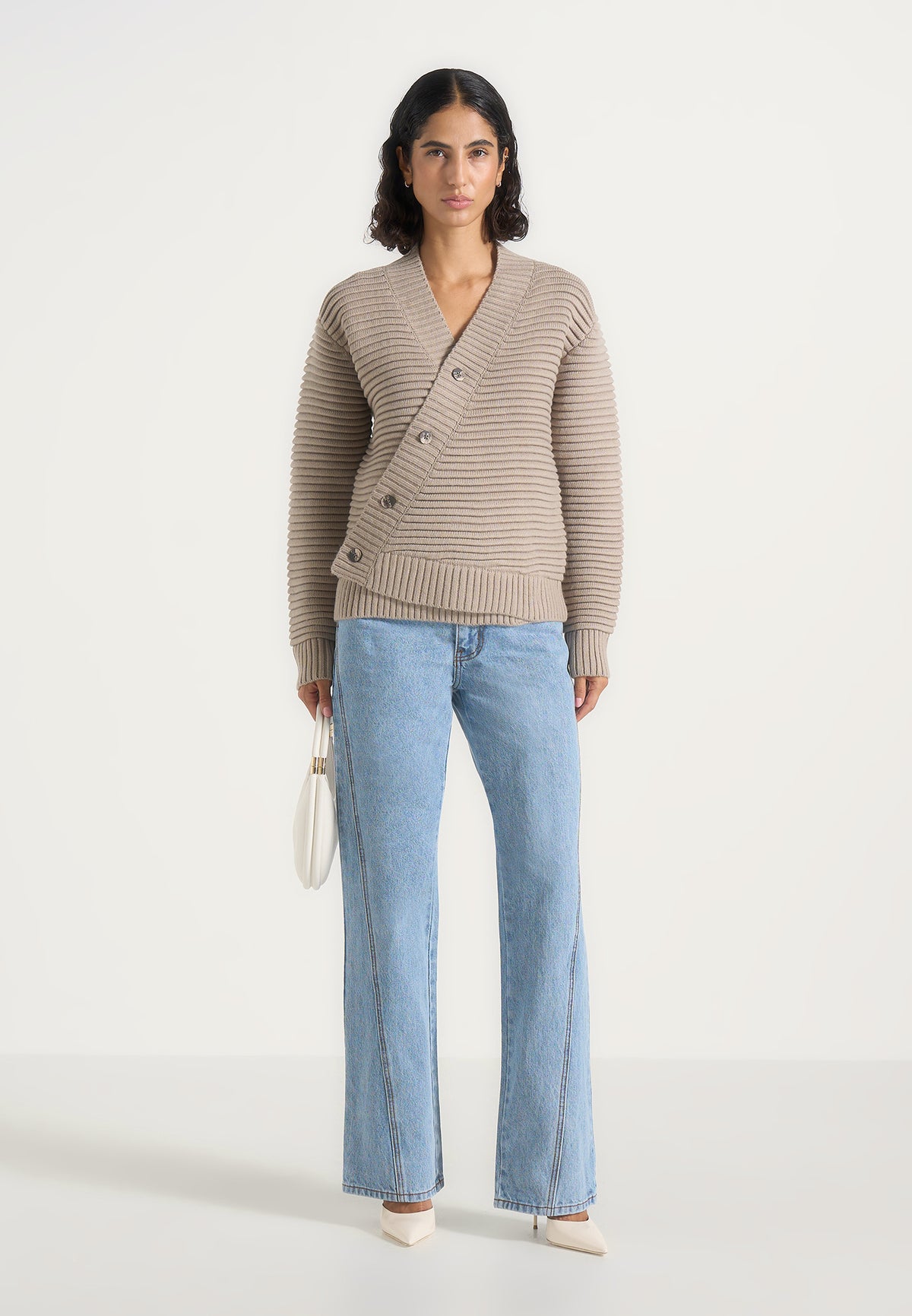 Dani - Asymmetric Brushed Wool-Blend Rib Knit Cardigan - Taupe