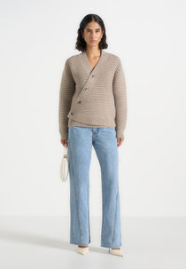 Dani - Asymmetric Brushed Rib Knit Cardigan - Taupe