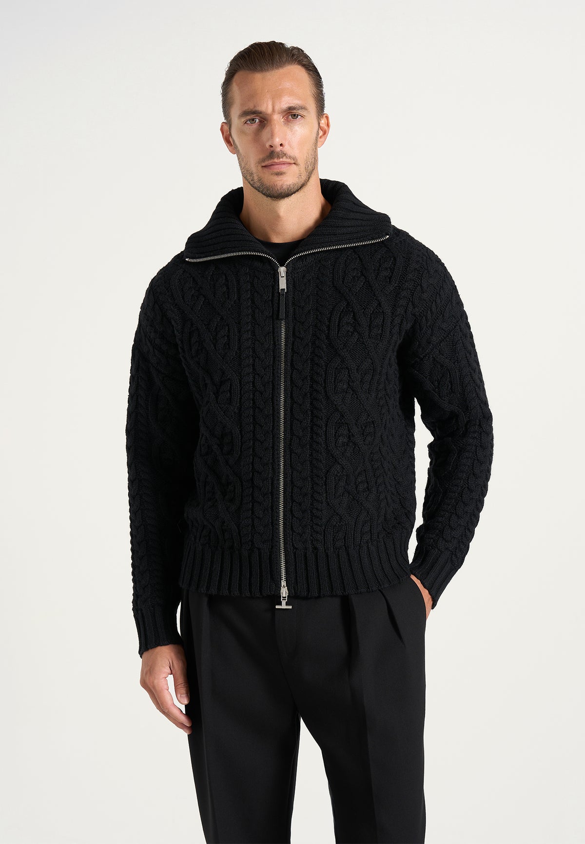 Amael - Cable Knit Wool-Blend Cardigan - Black