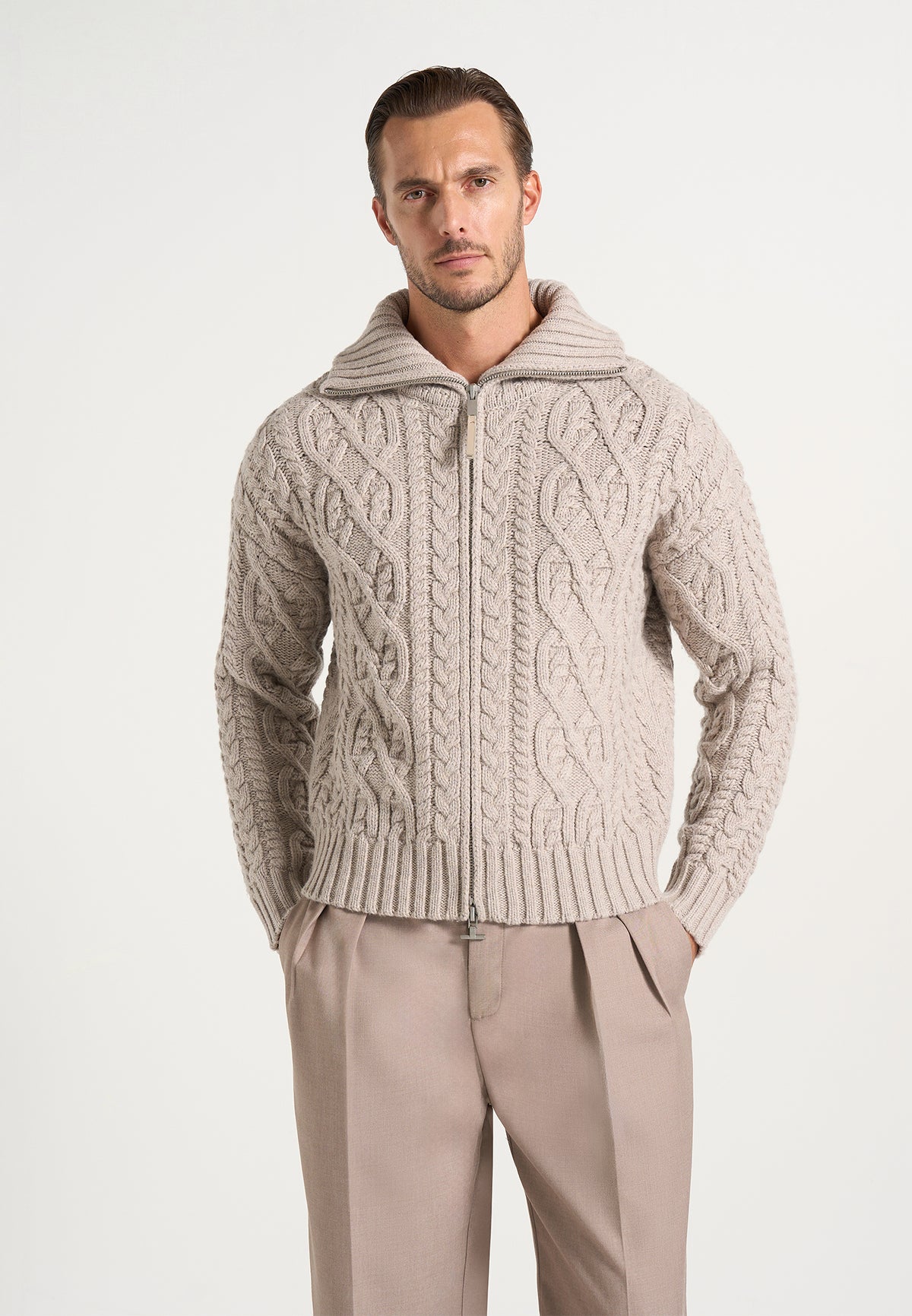 Amael - Cable Knit Wool-Blend Cardigan - Taupe