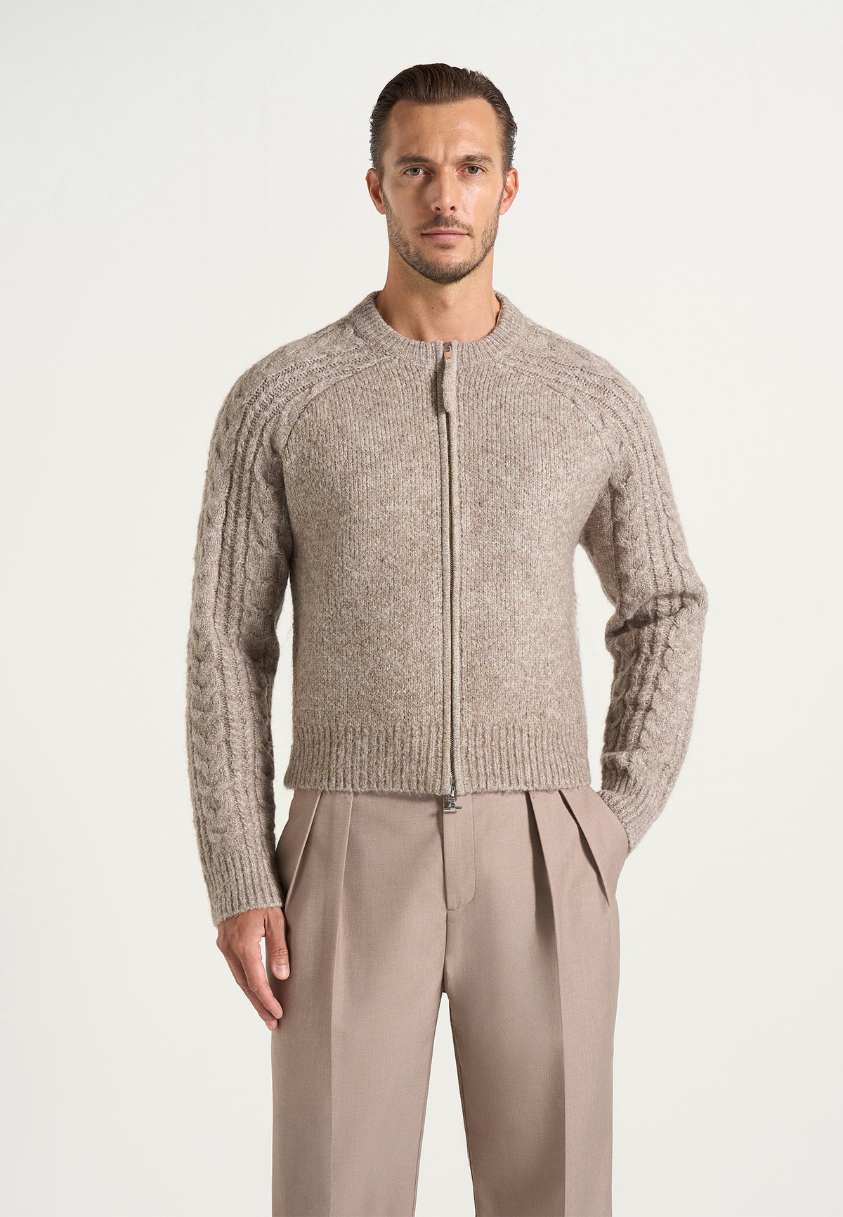 Gaby - Speckled Wool-Blend Cable Knit Raglan Cardigan - Taupe