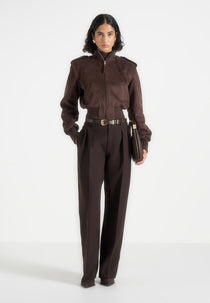 Delfina - Suede Layered-Shoulder Cropped Bomber Jacket - Brown