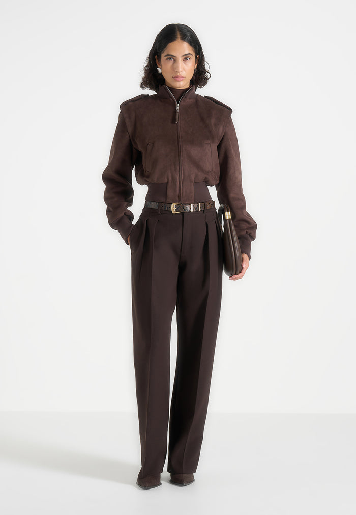 Delfina - Suede Layered-Shoulder Cropped Bomber Jacket - Brown
