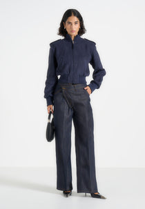 Delfina - Suede Layered-Shoulder Cropped Bomber Jacket - Navy