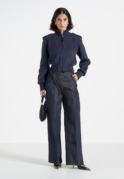 Delfina - Suede Layered-Shoulder Cropped Bomber Jacket - Navy