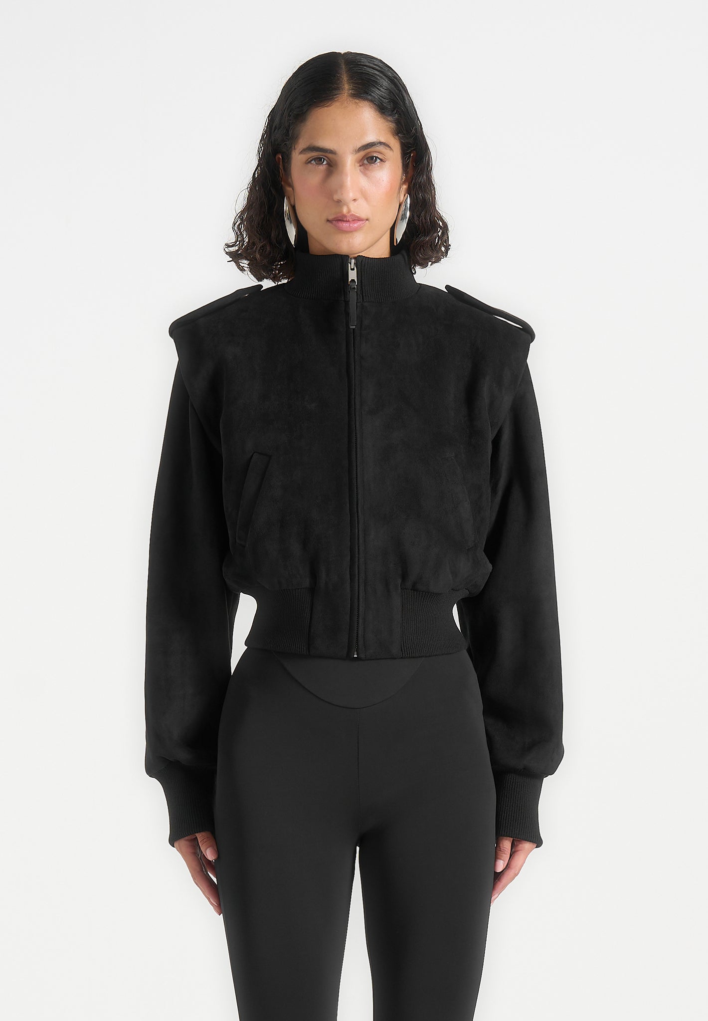Delfina - Suede Layered-Shoulder Cropped Bomber Jacket - Black