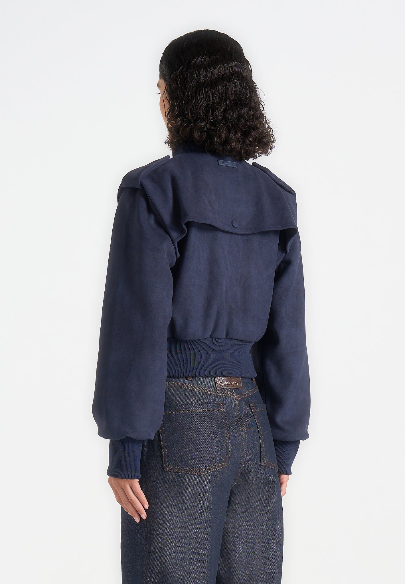Delfina - Suede Layered-Shoulder Cropped Bomber Jacket - Navy