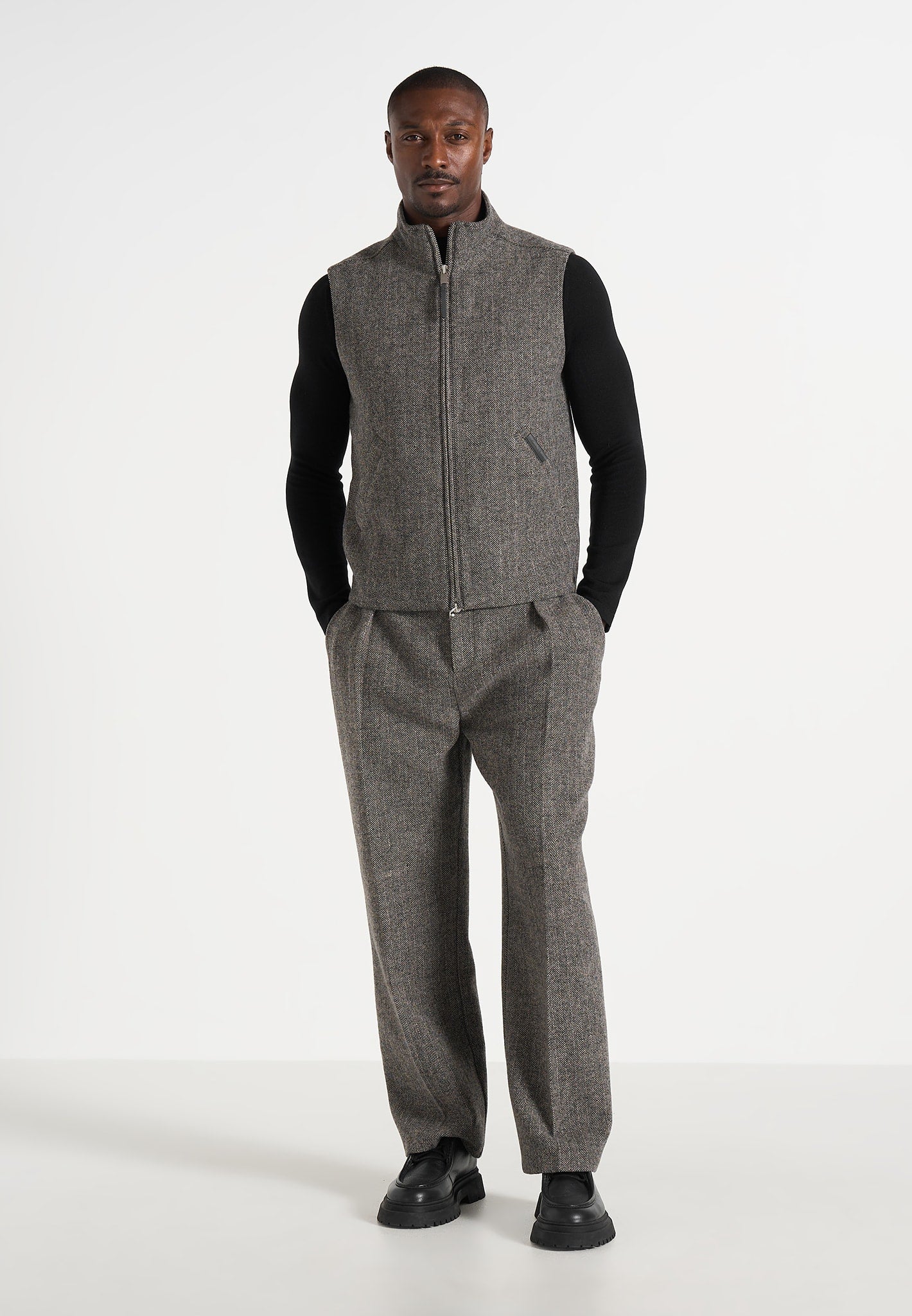 Dorian -  Herringbone Wool Pleated Pants - Grey