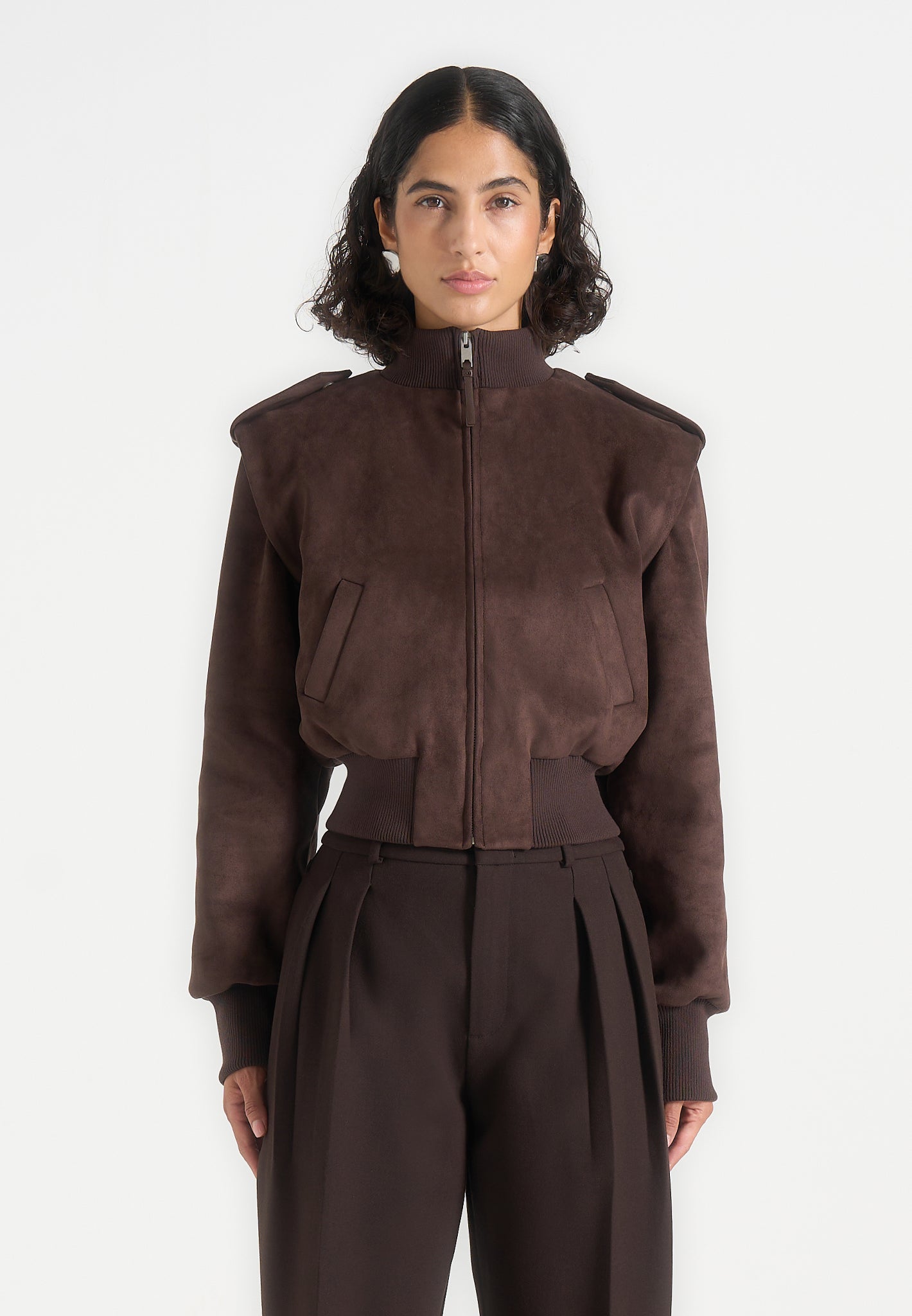 Delfina - Suede Layered-Shoulder Cropped Bomber Jacket - Brown