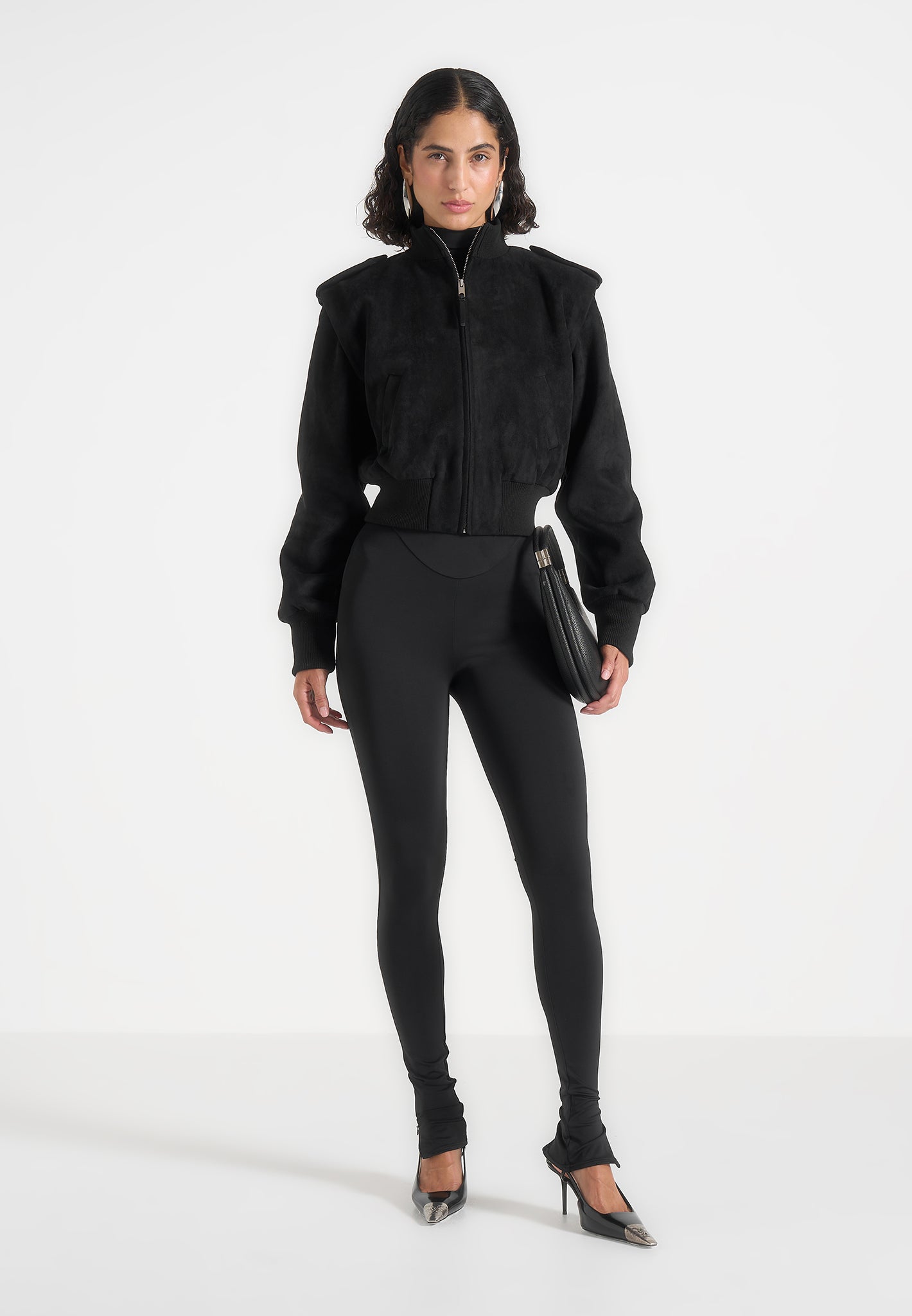 Delfina - Suede Layered-Shoulder Cropped Bomber Jacket - Black
