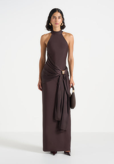 Willow - Halter Neck Clasp Detail Satin Sash Maxi Dress - Brown