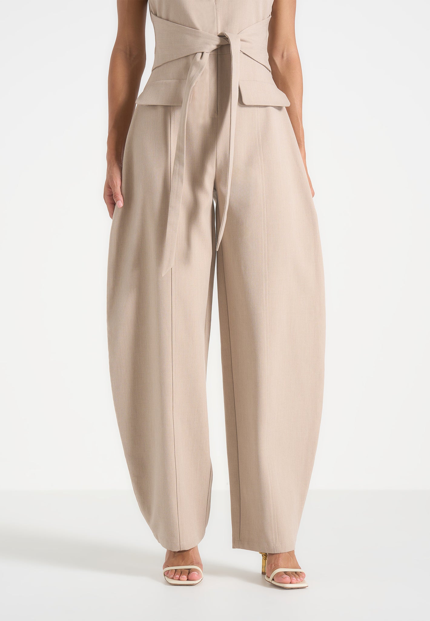 Kira - Tie-Waist Barrel Leg Tailored Jumpsuit - Beige