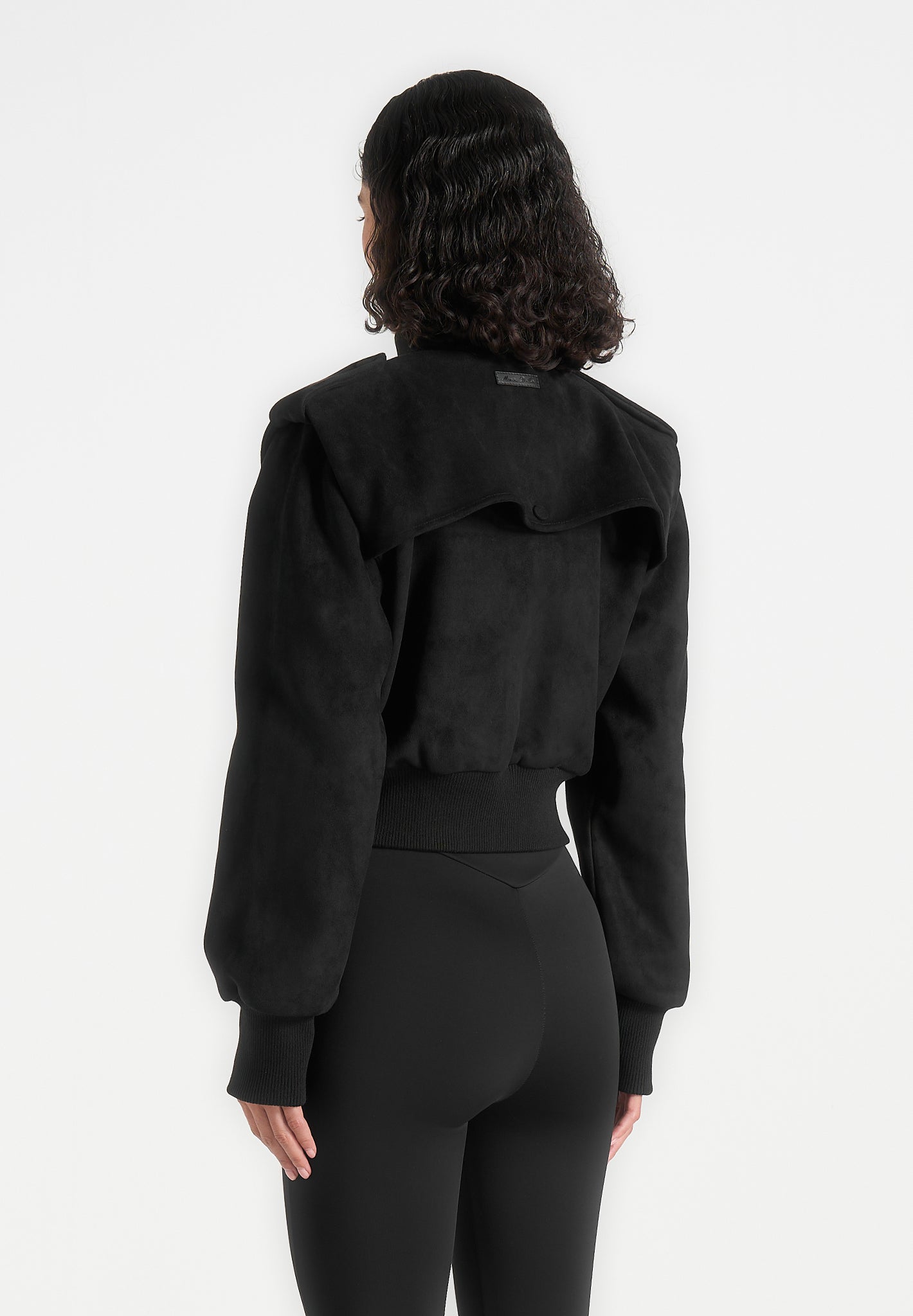 Delfina - Suede Layered-Shoulder Cropped Bomber Jacket - Black
