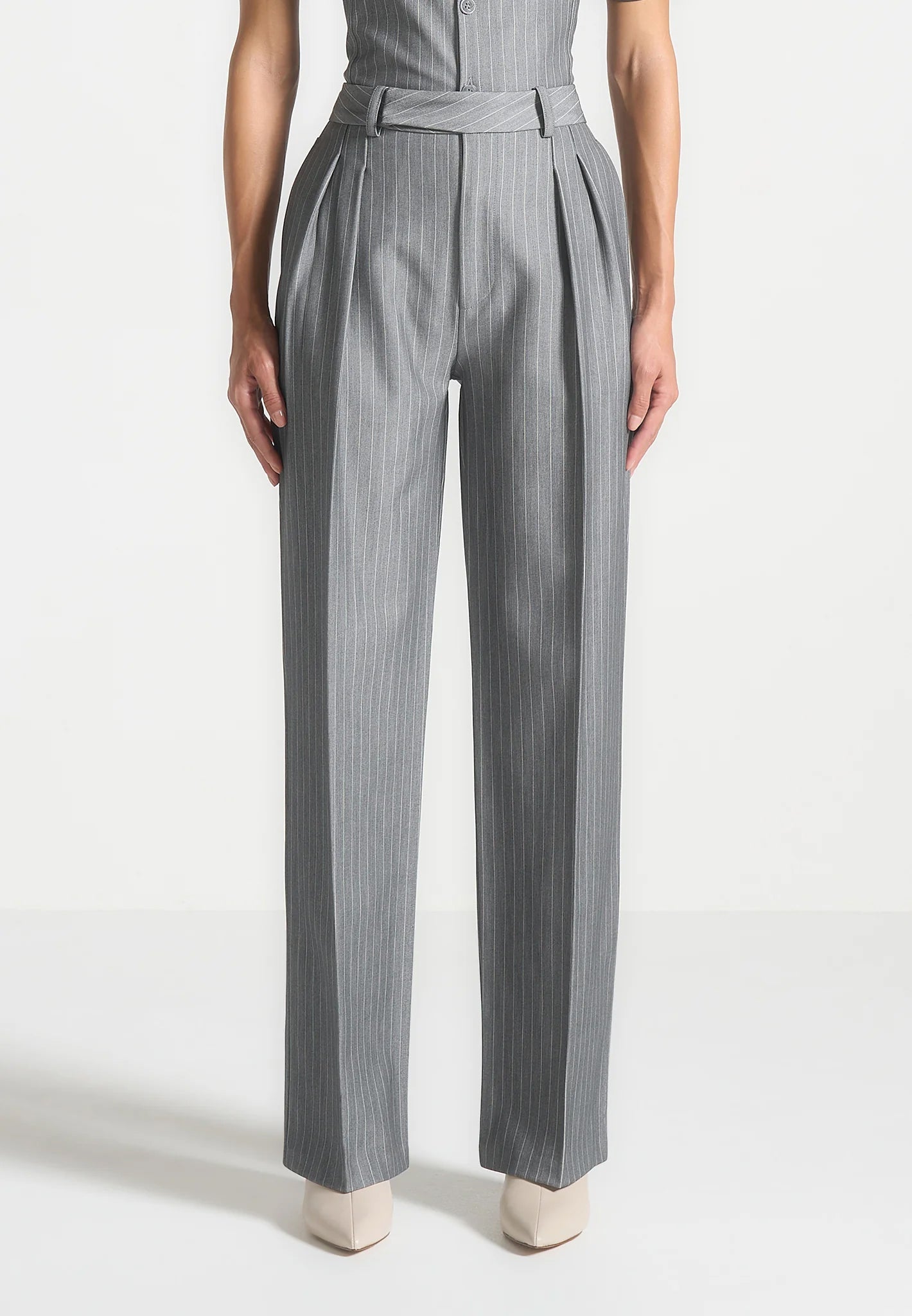 Julie - Pinstripe Twin Pleat Tailored Trousers - Grey
