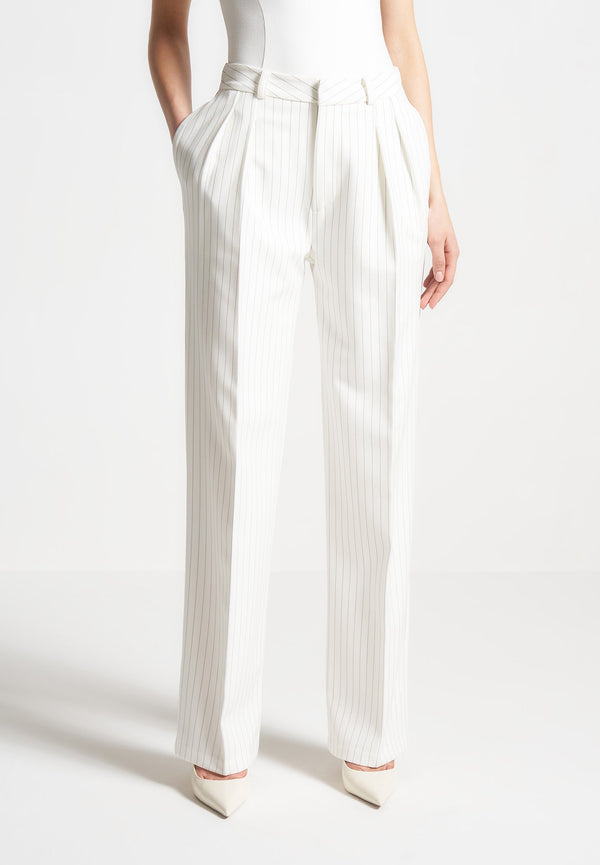 Julie - Pinstripe Twin Pleat Tailored Trousers - White