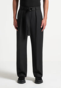 Relaxed Fit Textured Belted Tailored Pants - Black