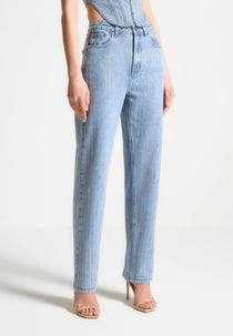 Rhinestone Mom Jeans - Mid Blue