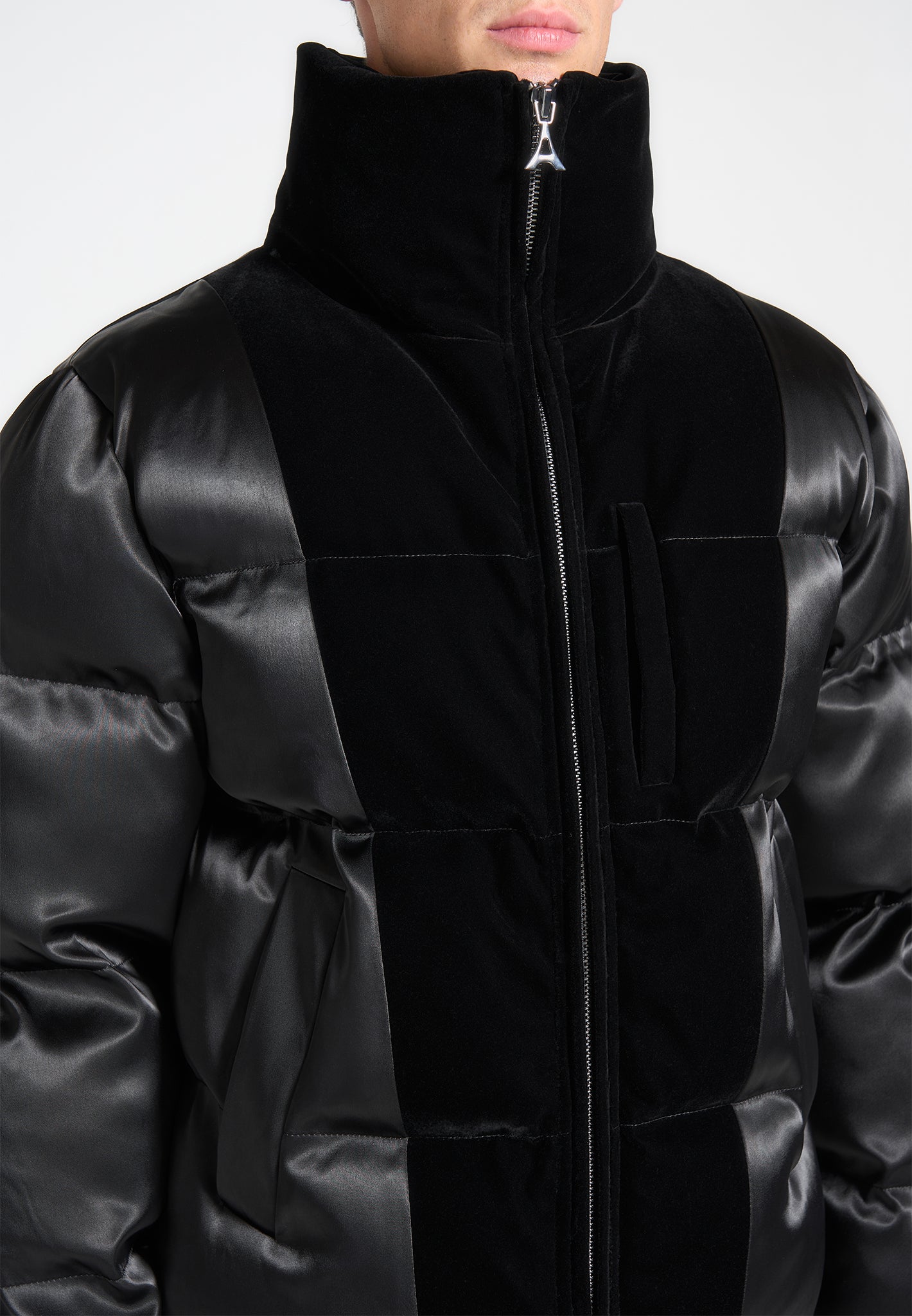 Satin and Velvet Panelled Puffer Jacket - Black 