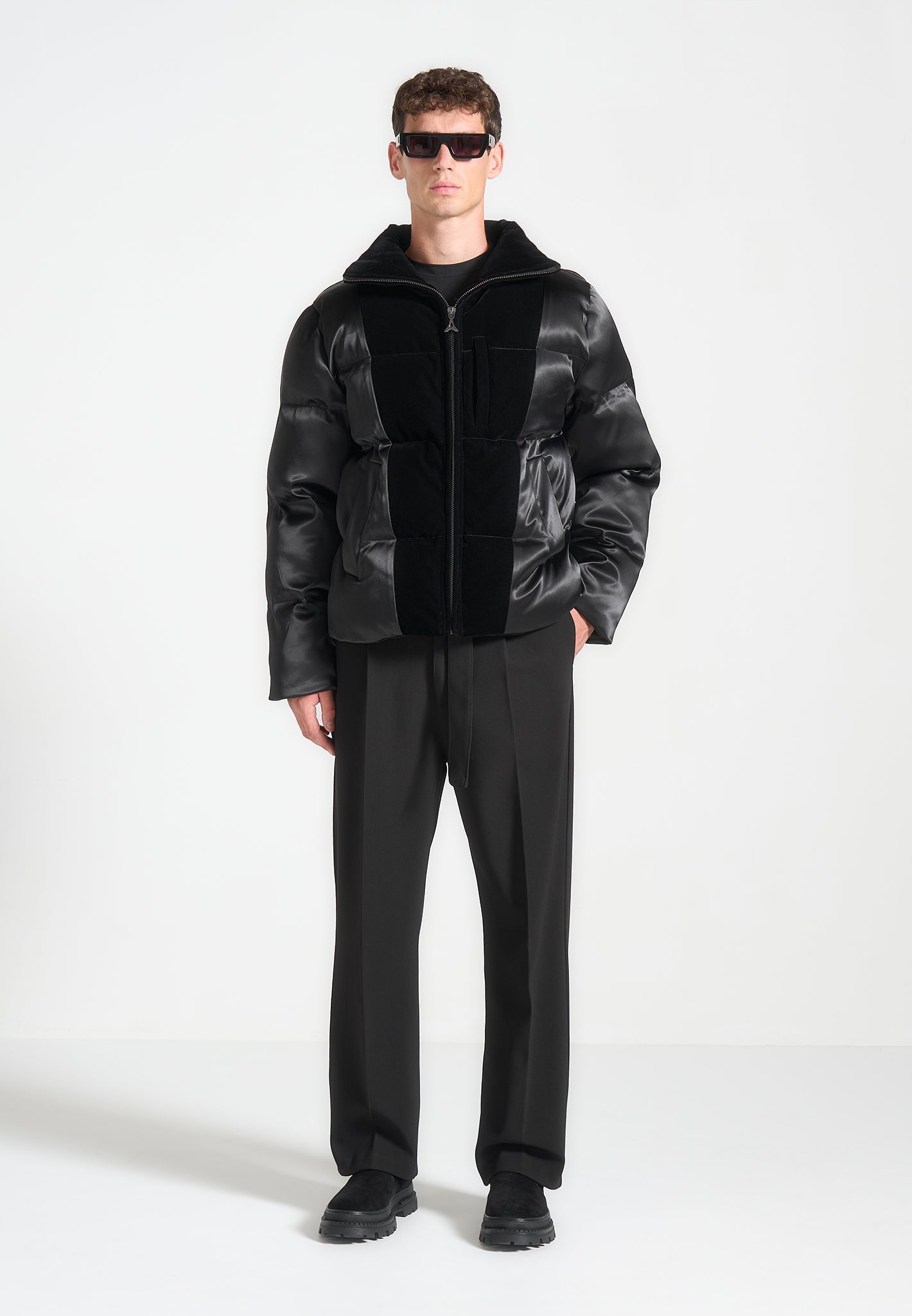 Satin and Velvet Panelled Puffer Jacket - Black 