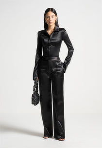 Louise - Wide Shoulder Satin Shirt Bodysuit - Black