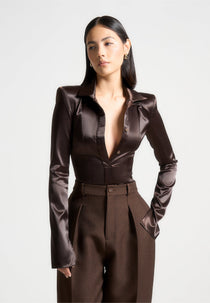 Louise - Wide Shoulder Satin Shirt Bodysuit - Brown