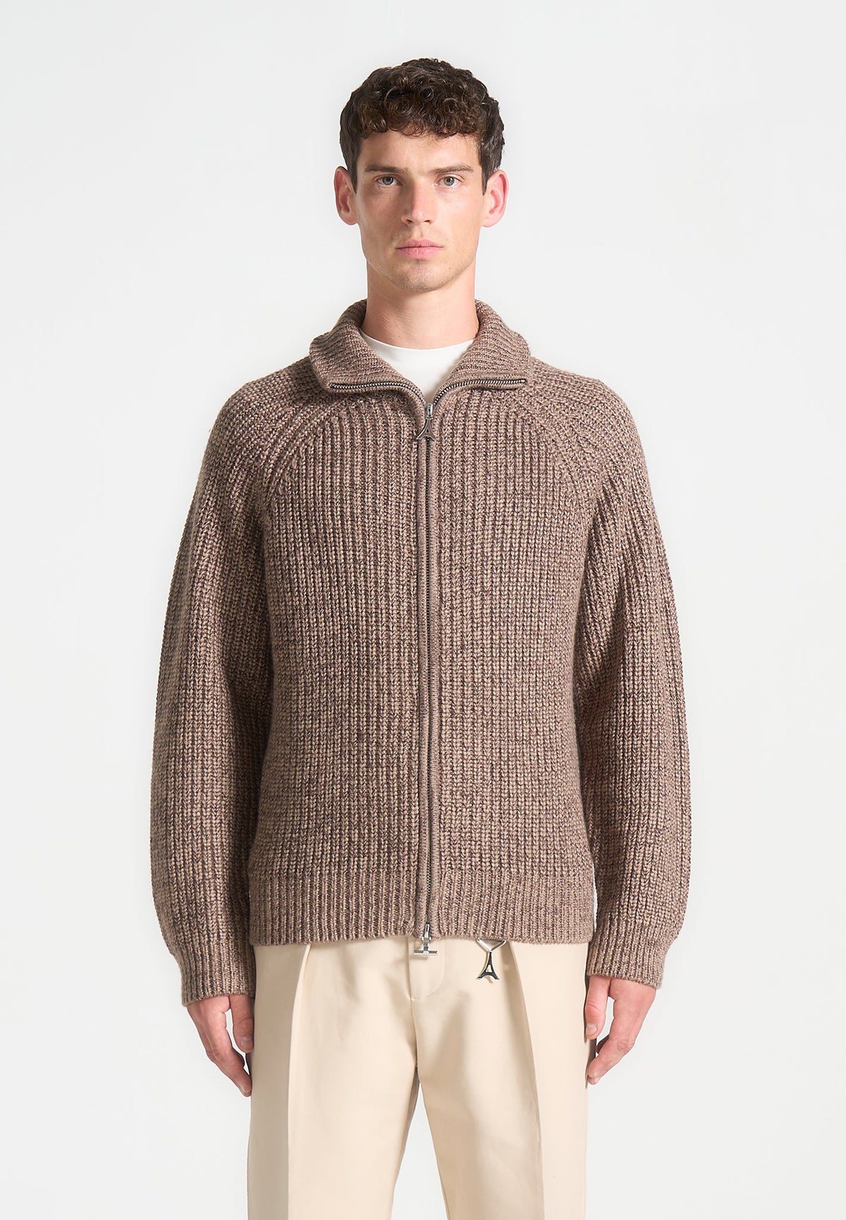 Valere - Speckled Wool Zip Up Cardigan - Taupe