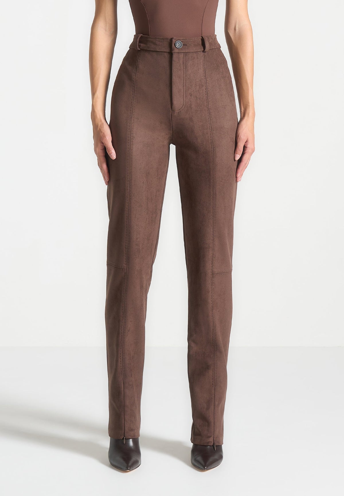 Suede Straight Leg Pants - Brown