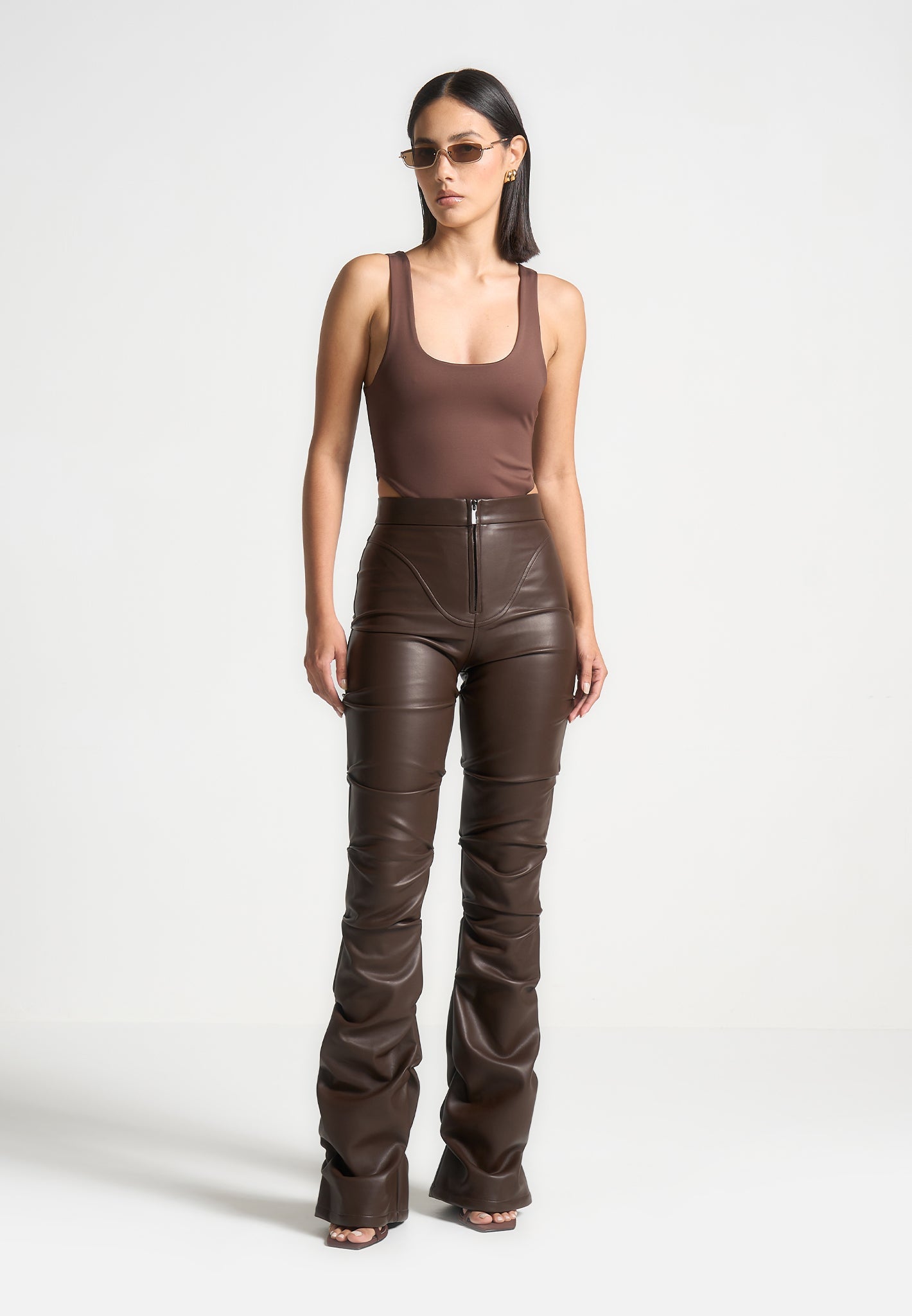 tacked-vegan-leather-flared-trousers-brown 