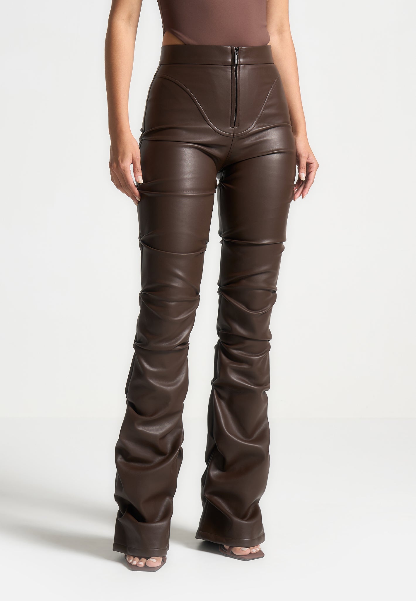 tacked-vegan-leather-flared-trousers-brown 